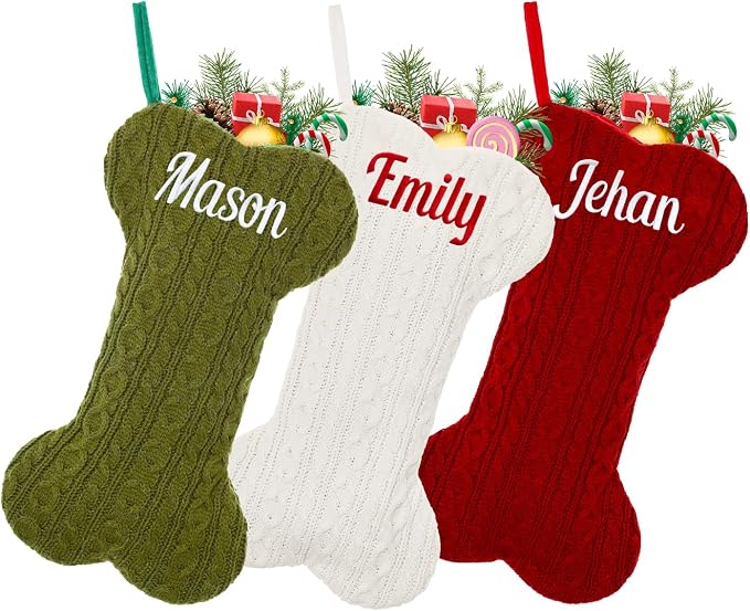 Personalized Pet Christmas Stocking,18 inch Custom Name Knit Christmas Stockings for Dog，Large Bone Xmas Stockings (Set of 2)