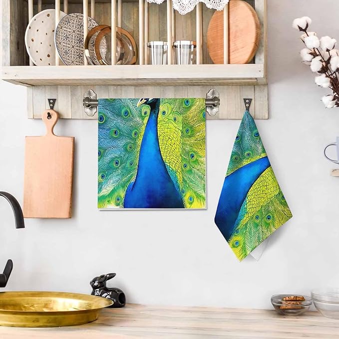 Colorful Peacock Tail Feathers Kitchen Towels Watercolor Beautiful Peacock Soft and Super Absorbent Dish Towels 2 Pack 16 X 24 Inches