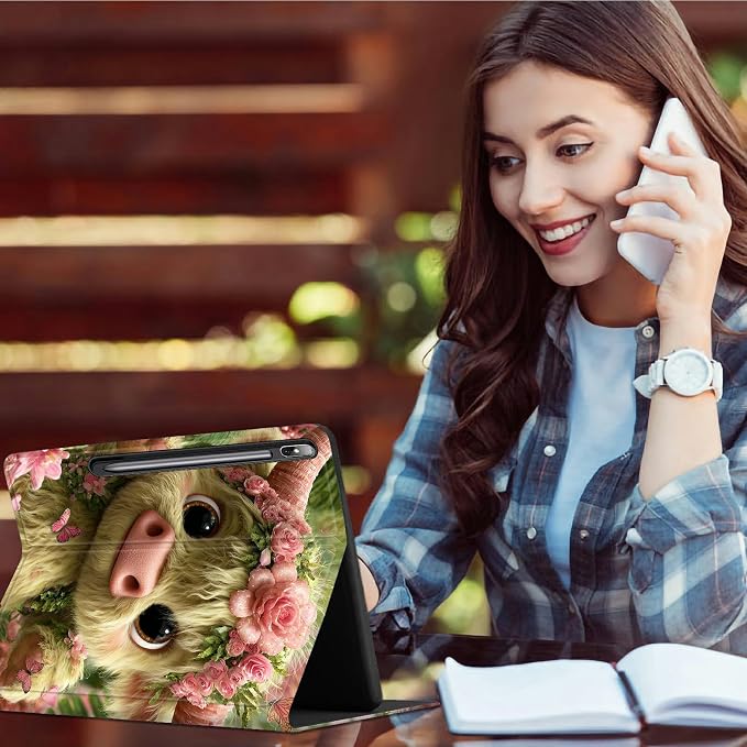 Case for Samsung Galaxy Tab S8 Plus 2022/S7 FE 2021/S7 Plus 2020 12.4" | Slim Leather Smart Cover with Multi-Angle Anti-Slip Stand [Auto Wake/Sleep] Shell for Women Men, Pink Flower Cow