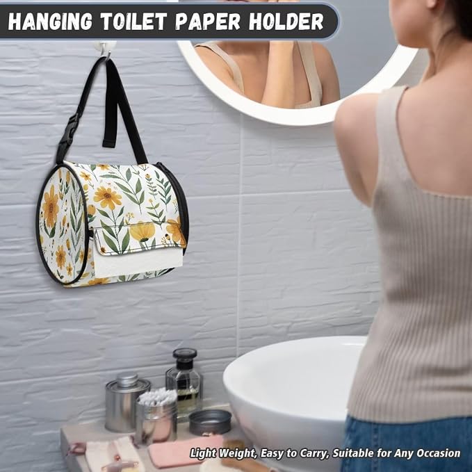 Flower Print Paper Towel Holder Water Resistant Tissue Dispenser with Adjustable Strap, Collapsible Hanging Toilet Paper Roll Holder for Kitchen,Bathroom,Car Seat,Camping