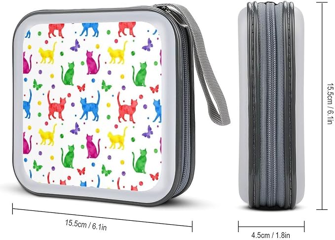 Portable 40-Capacity DVD Storage Binder Colorful Cats, Hard Case CD Holder with Zipper, Organizer for Music Movies Game Discs