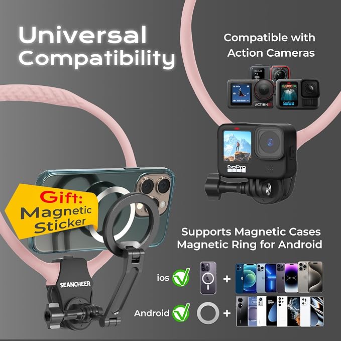 【2026 Extended Long】 Magnetic Neck Mount for Phones,Neck Phone Holder | 27.6"Hands Free Pov Phone Holder Chest Mount for iPhone17–12 & Android,Go Pro DJI,Camera Shoulder Supports