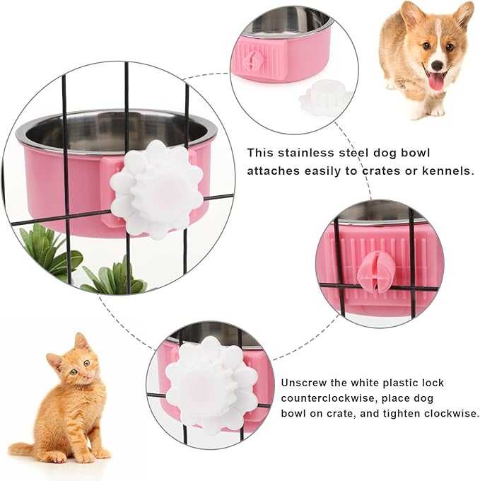 Crate Dog Bowl,Removable Stainless Steel Kennel Water Hanging Food & Water Feeder Crate Water Bowl No Spill for Puppy,Cat,Rabbit,Guinea Pig (Pink)
