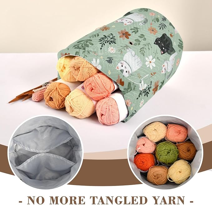 Tatenale Crochet Bag Yarn Bag Knitting Project Bag with Pockets and Handle Portable Yarn Storage Organizer Tangle Free 8.3x11 InchMint Green Floral and Cute Cats02