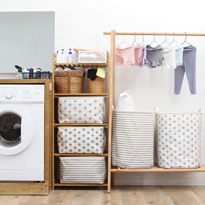 Sea Team Large Canvas Laundry Basket with Handles, Gray Stripes | Collapsible Fabric Laundry Hamper, Closet Shelf Organizers, Containers for Clothing, Blankets, Toys, Bedding, 19.7 x 15.7”