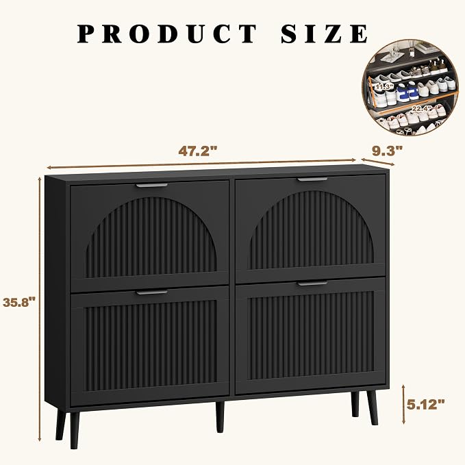 Shoe Storage Cabinet with 4 Flip Drawers, Narrow Wood Shoe Organizer Cabinet with Fluted Panel, Slim Shoe Rack for Entryway, Freestanding Shoe Cabinet for Living Room, Hallway, Black