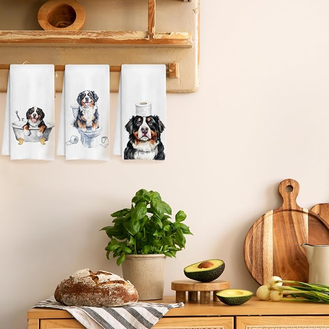 Funny Bernese Mountain Dog Bathroom Hand Towels Set of 3, Bernese Mountain Dog Gifts, 16x24 Inch Cotton Kitchen Cloths