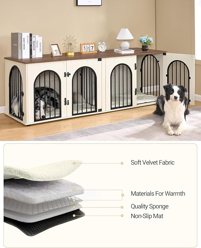 Hzuaneri 70.9" Double Dog Crate Furniture, Dog Kennel Indoor with Cushion | Heavy Duty Dog Crate Furniture for 2 Dogs,Dog Cage End Table TV Stand with Divider for Med-Large Dogs,White Brown DFC81914B