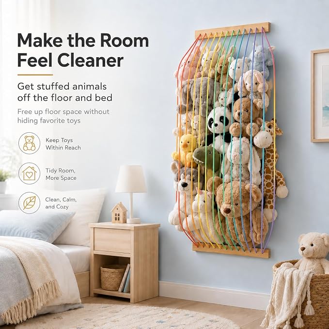 Stuffed Animal Storage Wood Soft Toy Organizer for Kids Room，Cute and Durable Wall or Door Mount Length Adjustable Hanging Stuffed Animal Toy Organizer Shelf for Nursery Play Room Rainbow -Patent