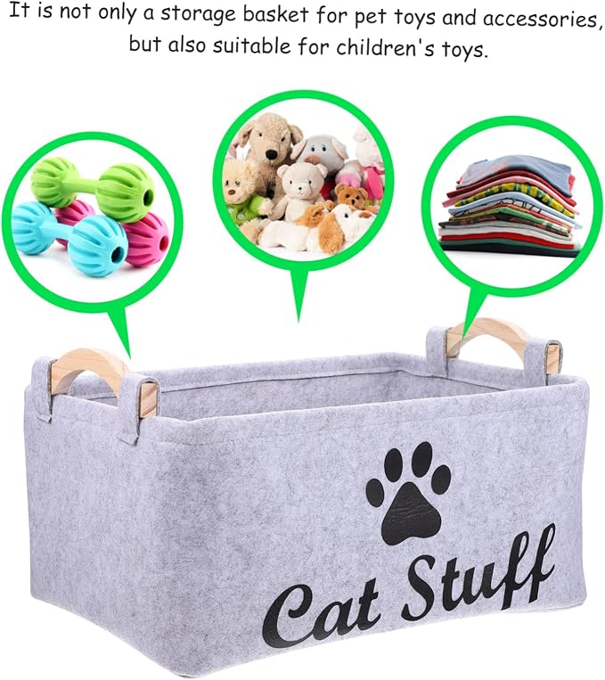 Wakauto Pet Organizer Bin with Handles Felt Storage Basket for Dog and Cat Accessories Portable Square Chest Container for Tidy Storage and Home Gray