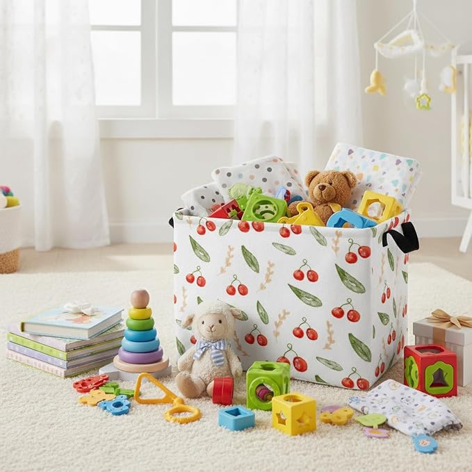 Kid Cute Rectangle Storage Basket Baby Toy Clothes Storage Bin Nursery Playroom Bedroom Decor Basket (Painted Cherry)