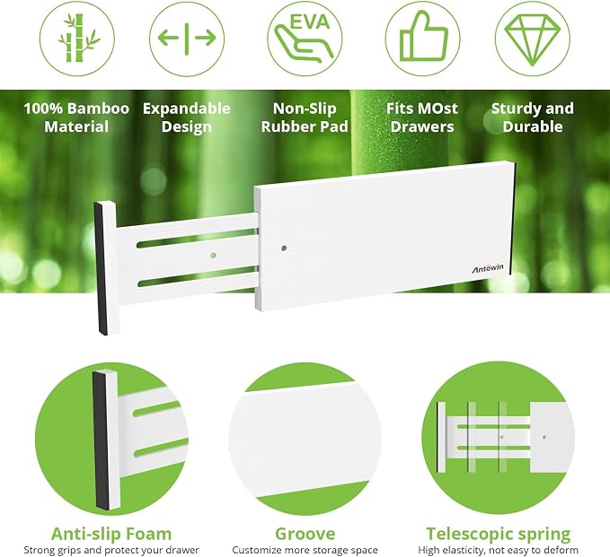4 Pack Expandable Drawer Dividers, 4.7'' High, Extend from 12.2'' to 17.7'', Bamboo Dresser Drawer Organizers Separators for Kitchen, Bedroom, Office, Bathroom (White)