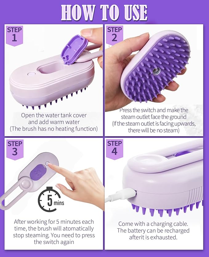 Cat Steam Brush for Shedding - 3 in 1 Pet Steam Brush for Dogs and Cats - Adjustable Dog Steamy Brushes for Grooming and Massage, Removing Tangled and Loose Hair (Purple)