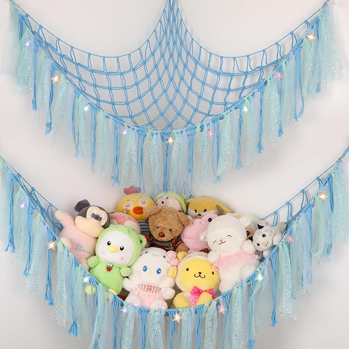 Stuffed Animal Hammock with LED Lights - 59 Inch Large Toy Storage Net for Kids Bedroom, Wall-Mounted Plush Organizer with Wooden Rings, Nursery Decor (Handwoven, Blue)