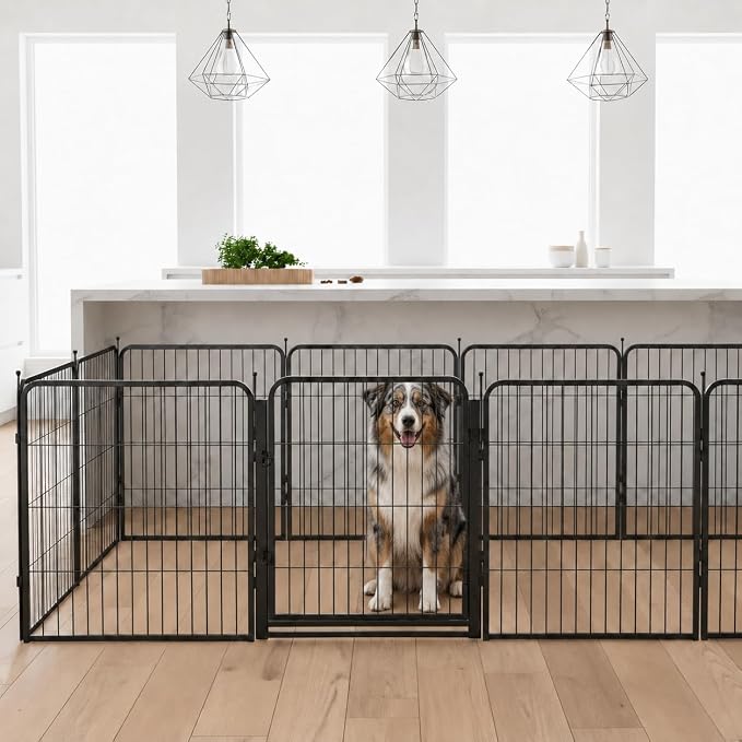 Indoor Dog Playpen - 32 inch, 12 Panels for Small and Puppy Size Dogs - Heavy Duty Metal Portable Pet Fence with Black Anti-Rust Coating - Play Pen w/Extra Wide Gate