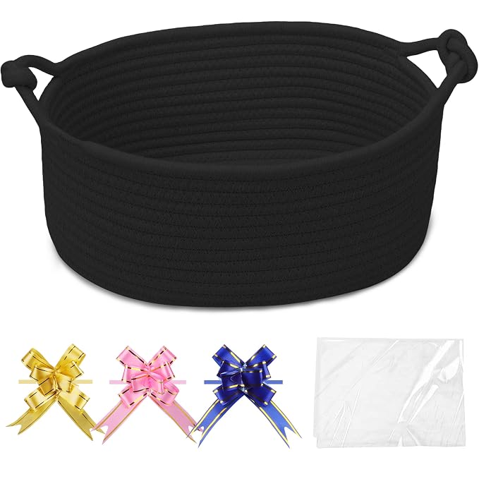 COMSE Small Gift Basket Empty with Bag & Ribbons, Solid Black | Cotton Rope, 12"x 8"x 5", Pet Toy Storage Organizer, Woven Basket for Birthdays, Baby Showers, Mother’s Day, Valentine’s Day
