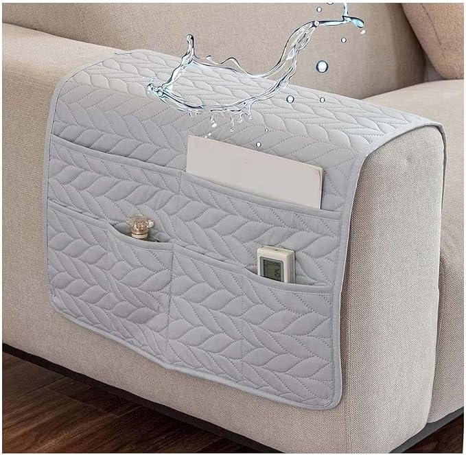 Sofa Armrest Organizer Waterproof Armchair Caddy for Couch Holder Recliner Non Slip with 6 Pockets Magazine Covers Chairs Sofas Arm Twist Pin Furniture Protector Slipcovers(Light Gray)