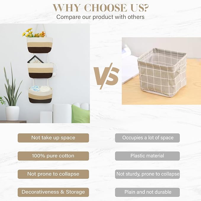 TeoKJ Over the Door Hanging Basket, 3-Tier Woven Cotton Wall-Mounted Storage Organizer Bag Decorative Hanging Nursery Baskets，Gradient Brown