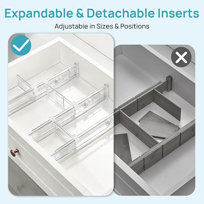 Vtopmart 2.36" Drawer Dividers with Expandable Inserts, 12.8"-22.3", 8 Pack | Adjustable Kitchen Drawer Organizer, Clear Organizer Separator for Flatware, Utensil, Cutlery, 8 Dividers with 14 Inserts