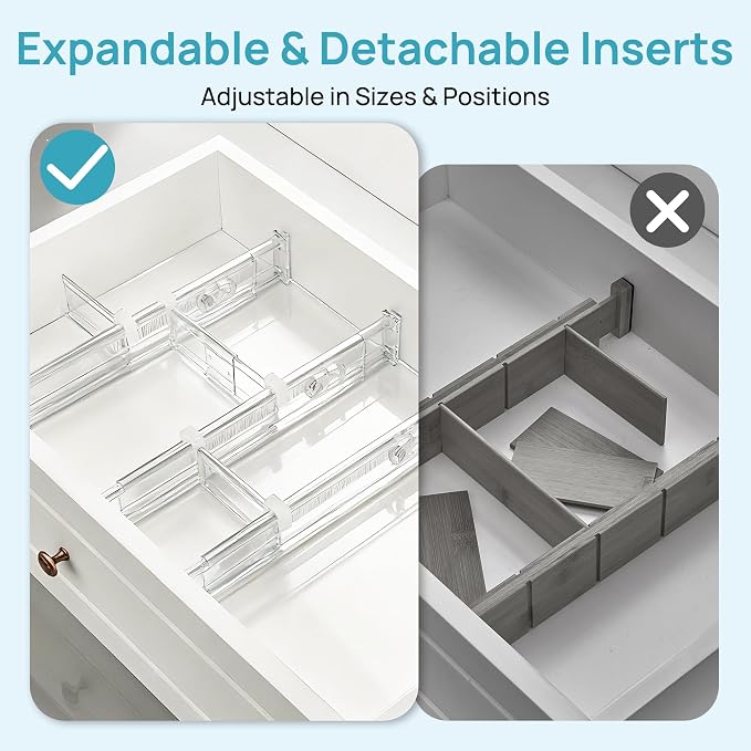 Vtopmart 2.36" Drawer Dividers with Expandable Inserts, 12.8"-22.3", 6 Pack | Adjustable Kitchen Drawer Organizer, Clear Organizer Separator for Flatware, Utensil, Cutlery, 6 Dividers with 10 Inserts