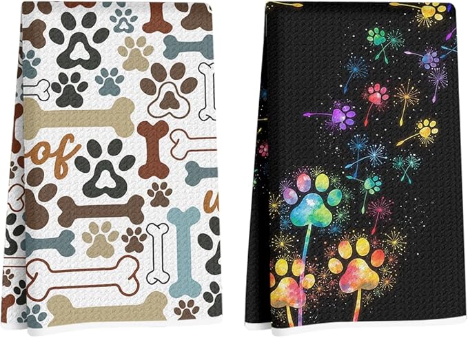Hanamiya Na 2 Pcs Colorful Dog Paw Print Kitchen Towels 24x14 Inch, Dogs Gifts Reusable Dish Towels for Kitchen Bathroom Decor, Waffle Weave Hand Cloth Tea Towel, Dog Lover Gifts for Women Mom Friend