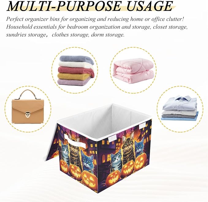 Fabric Storage Bins with Lid Halloween Cat Closet Storage Basket 40L | Decorative Storage Boxes, Foldable & Stackable, Dust-Proof Flip Top, Reinforced Handles, For Home & Dorm, Clothes & Toy Box