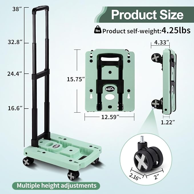 GtIiFmTe Foldable Hand Truck, Lightweight Luggage Cart for Airport Car Seat | Compact Folding dolly with Rotating swivel wheel,storage size12×15.7×4.1",300lbs Load,Upright Lock Handle with 3bungee cords