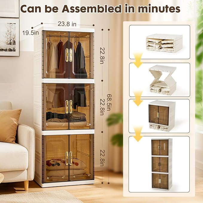 Plastic Folding Storage Box Units, Pet Collapsible Clothes Organizers,White, Collapsible Wardrobe with Visualization Doors, Rolling Wheels
