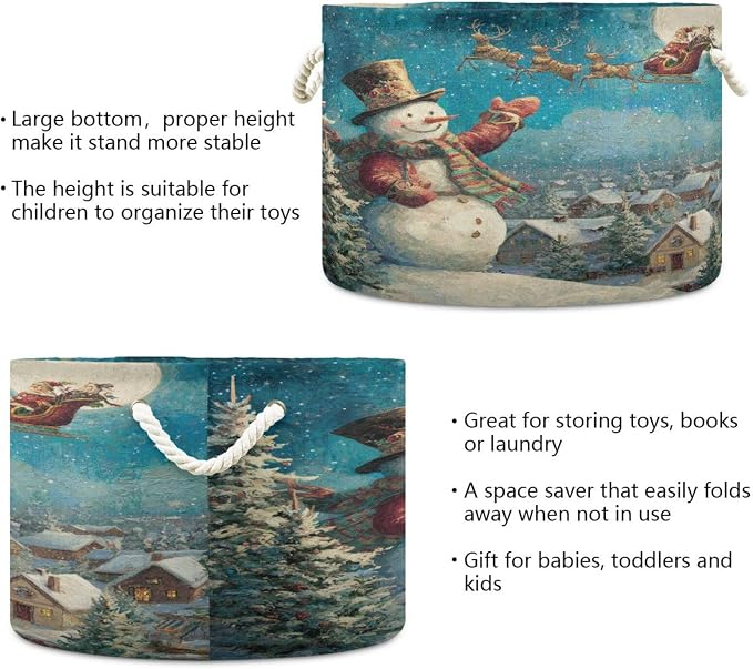 DOMIKING Large Storage Basket for Toys Santa Christmas Snowman Blue Print Storage Bin Box Kids Laundry Hamper for Playroom Nursery Clothes Home Decor