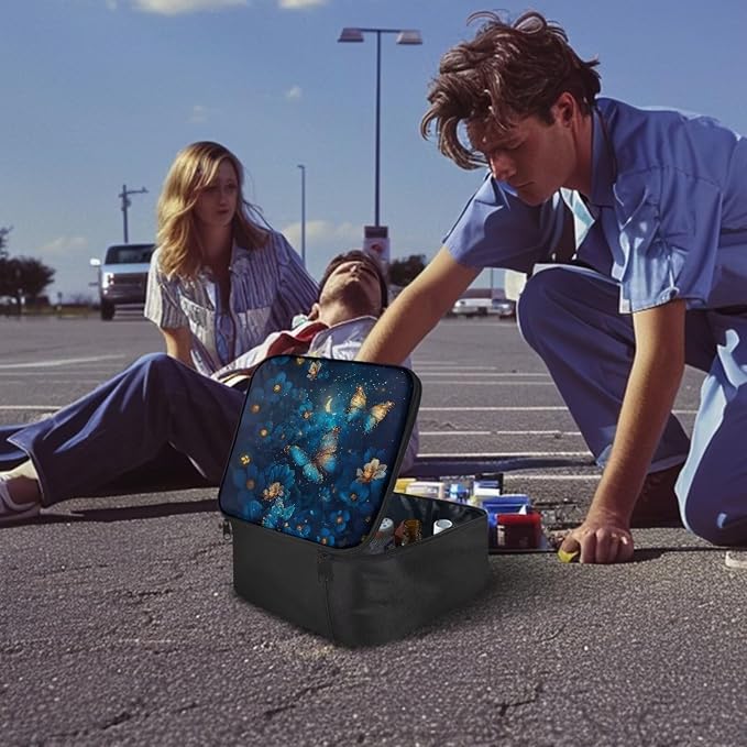 Rnyleeg Blue Flower Butterfly First Aid Bag Empty Pet First Aid Kit with Zipper Pocket Portable Emergency Medicine Tote Bag for Home Car Outdoor Sports