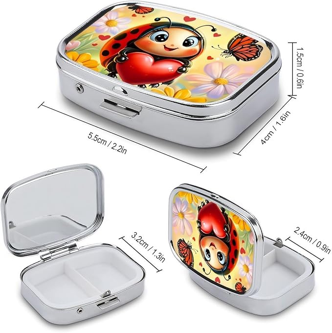 Ladybug Durable Metal Pill Case for Daily Use, 2 Slot Medicine Box Organizer,Leak Proof Travel Pill Container for Vitamins, Compact Pocket Medicine Holder for Seniors,Holiday Gift