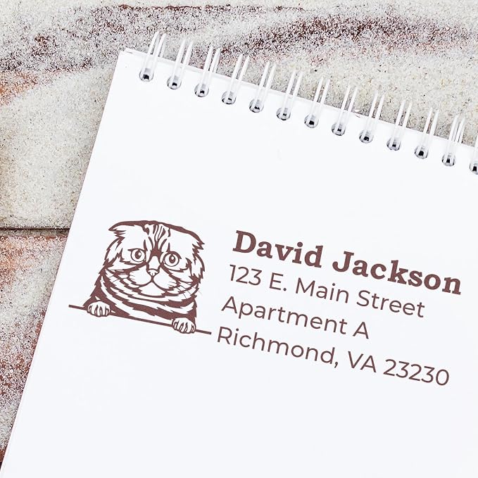 Peeking Foldex Cat Address Stamp Self-Inking - Clear Impressions | Choice of 11 ink colors. Envelope Stamp with Foldex Cat Design. Rubber Address Stamp for Veterinary Offices. 4 case colors.