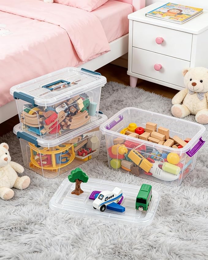 Storage Bins with Lids,7Qt Clear Stackable Storage Containers With Lids Buckle Latches.Perfect for LEGO, Crafts, Office Supplies, and Dorm Room Organization,6-Pack (Clear)