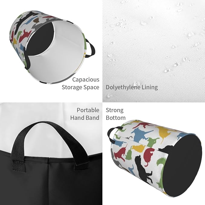 Cats And Dogs Animal Silhouettes Domestic Pets Cartoon Portable Round Hamper For Bedroom Bathroom