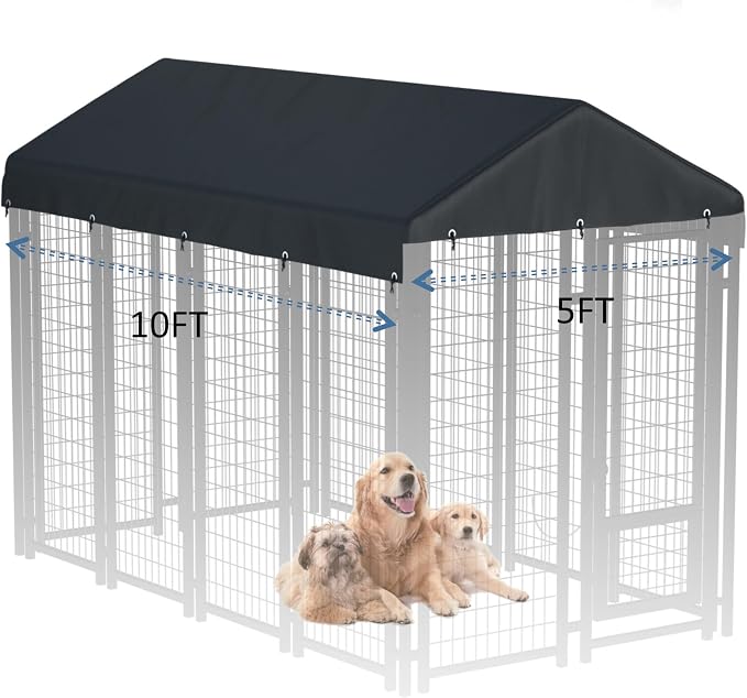 5x10 FT Dog Kennel Cover 900D Waterproof UV Outdoor Roof Replacement Black | Heavy Duty Oxford Fabric with Triple-Coated Nano Layer, Taped Seams, Elastic Ball Cords for Secure Windproof Fastening