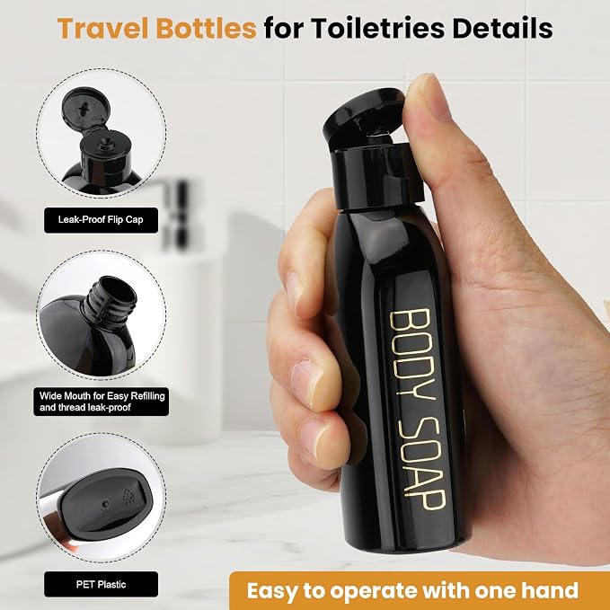Cosywell Travel Bottles for Toiletries 4pcs 3.4oz Travel Shampoo bottles | TSA Approved, Black Travel Size Containers, Leak Proof, Small Plastic Squeeze Bottles with Flip Cap, and a Toiletry Bag