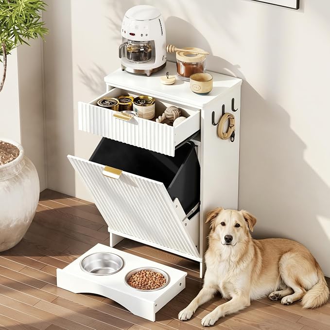 Dog Food Storage Cabinet, Pet Feeding Station with 2 Hidden Bowls, White