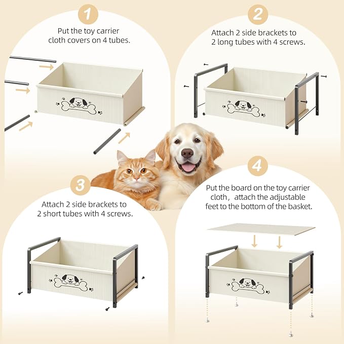 Dog Toy Box for Storage, Metal Frame Oxford Fabric Pet Toy Organizer with Raised Legs, Large Capacity Dog Toy Basket with Front Low Opening, Washable and Durable Design