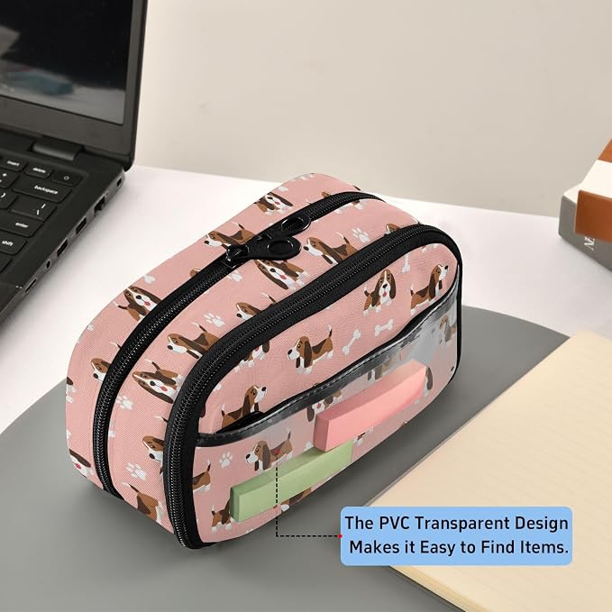 Cute Pets Dogs Pink pattern Large Capacity Pencil Case with Zipper Water Resistant Portable Organizer Pen Bag for Students School Office