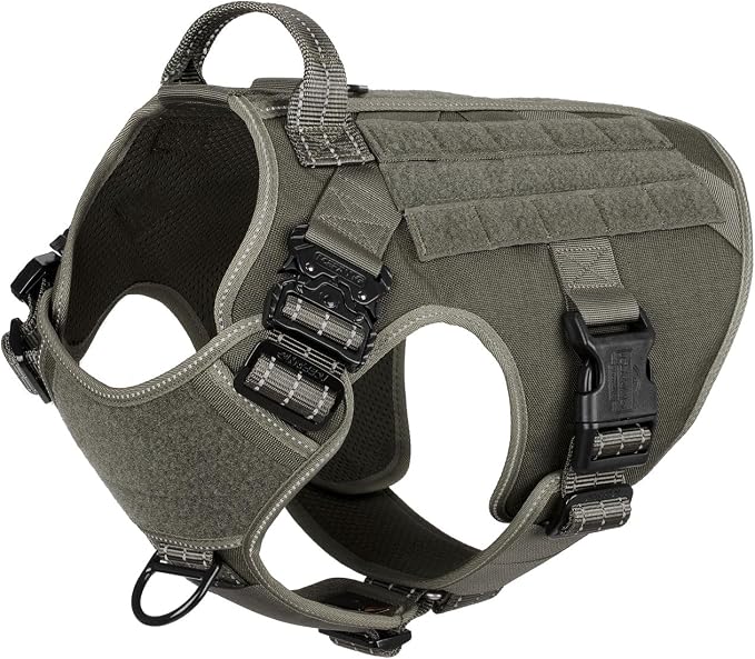 ICEFANG Tactical Dog Harness,for X-Large Dogs,Reflective No Pull Dog Vest | with Control Handle, Adjustable,Front Hook,2 Leash Clips,No Choke,Soft Padded,MOLLE Panel,Green,X-Large