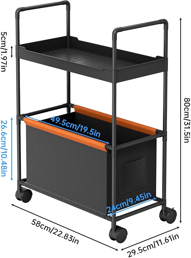 NiHome 2-Tier Dog Toy Basket Storage Cart, Dog Toy Rolling Organizer, Black | Pet Toy Storage Rack, Top Shelf, Oxford Fabric Basket, Metal Frame with 4 Swivel Casters, for Dog Toys, Treats, and Supplies