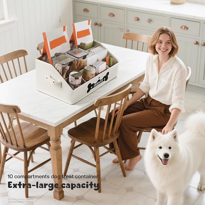 Dog Treat Container, Dogs Storage Organizer with Removable Dividers, Collapsible Dogs Treat Holder for Countertop, Trapezoid Pet Treats Containers, Dog Toy Basket with PU Handles, Large, Beige