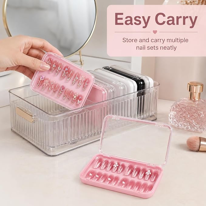 12Pcs Press On Nail Packaging Boxes for Long Nails | Large clear storage cases for long press ons; includes 30 adhesive tabs and bonus tools for nail salon use.