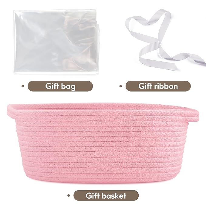 Pro Goleem Small Woven Basket with Gift Bags and Ribbons Durable Baskets for Gifts Empty Small Rope Basket for Storage 12"X 8" X 5" Baby Toy Basket with Handles, Pink