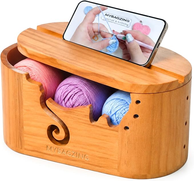 MYBAGZING Wooden Yarn Bowl with Lid, Large Acacia Crochet Yarn Holder with Phone Stand & Tool Tray, Yarn Storage Organizer for Knitting & Crocheting, Floral Design Gift for Crocheters