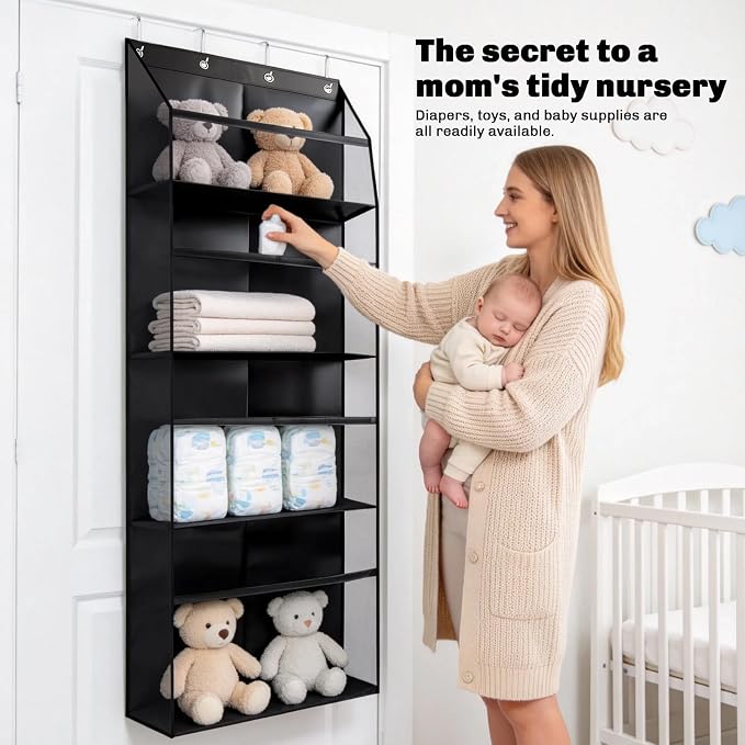 Thickened Plush Toy Storage Rack, Four-Tier Extra-Large Door Back-Hanging Shelf, Oxford Cloth + Transparent Window, for hanging plush toys, also suitable for storing diapers and baby supplies, Black
