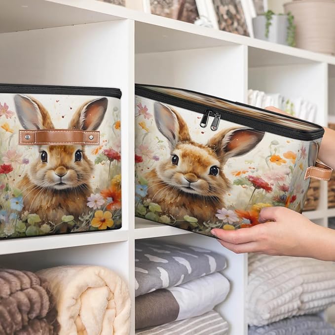 Pardick Storage Bin Easter Bunny Rabbit Storage Basket with Zipper Lid & Handle Foldable Storage Box Cube Bins Clothes Organizer for Closet, Bedroom