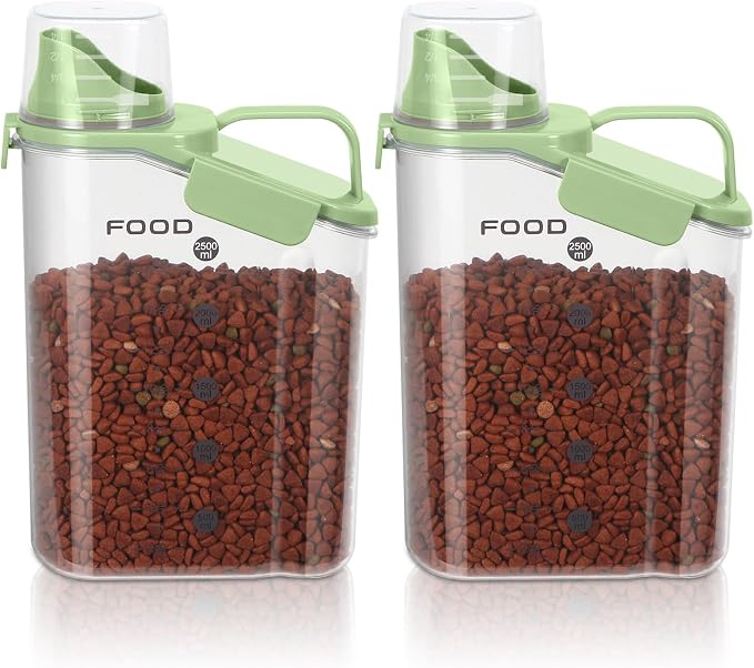 LEAWALK Dog Food Storage Container, Upgraded Large Nozzle BPA-free, 3-5 LBS Plastic Pet Food Storage Containers, With 4 Sealed Clasps, 1 Measuring Cup and Handle (Green)