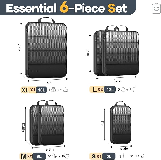 Veken 6/9/11 Set Compression Packing Cubes Garment Bags for Travel Essentials,Compressible Expandable Luggage Organizer Bags for Clothing,Space Saver Bags with Over 1000 pcs of Mesh Holes(Black)