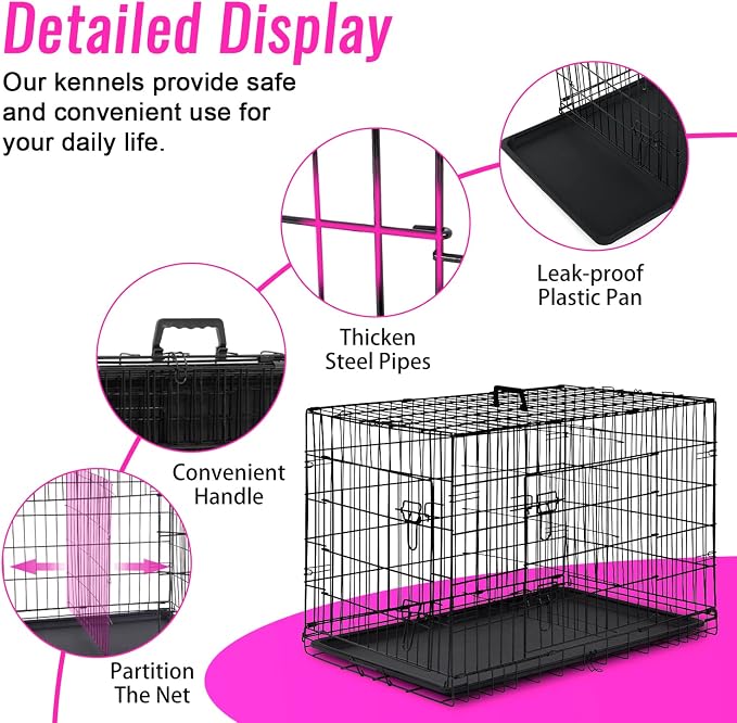 FDW | 48" Foldable Metal Dog Crate | Black | Cage for XL Dogs | Heavy Duty, Portable Wire Kennel with Double Door, Divider & Leak-Proof Tray | For Training, Home, Travel Indoor/Outdoor Use